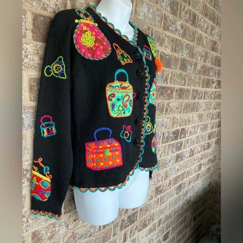 Vintage 1994 Michael Simon multi color crochet patch sweater Size S Purses - Picture 3 of 16